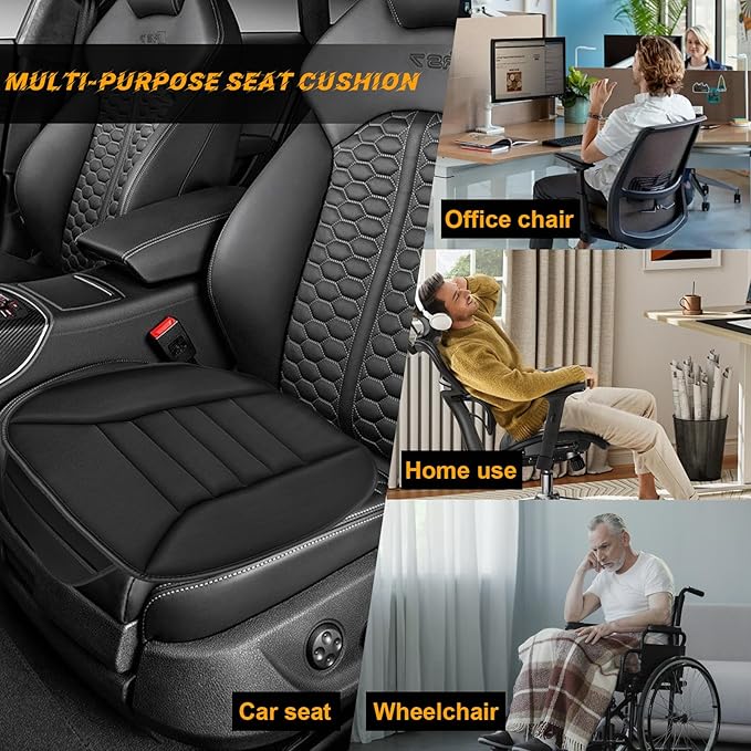 povtii Car Seat Cushion with Front Pocket, Non-Slip Bottom Cushion for Car Driver Office or Home Chair, Breathable Pressure Relief Seat Pad with Memory Foam, Car Accessories (Black)