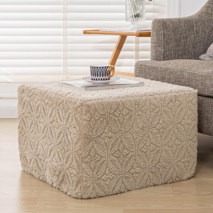 Furry Square Pouf Ottoman – 20"x14" One-Piece Seamless Integral Foam Foot Stool Ottoman Foot Rest Living Room Bedroom Under Desk (Light Coffee)