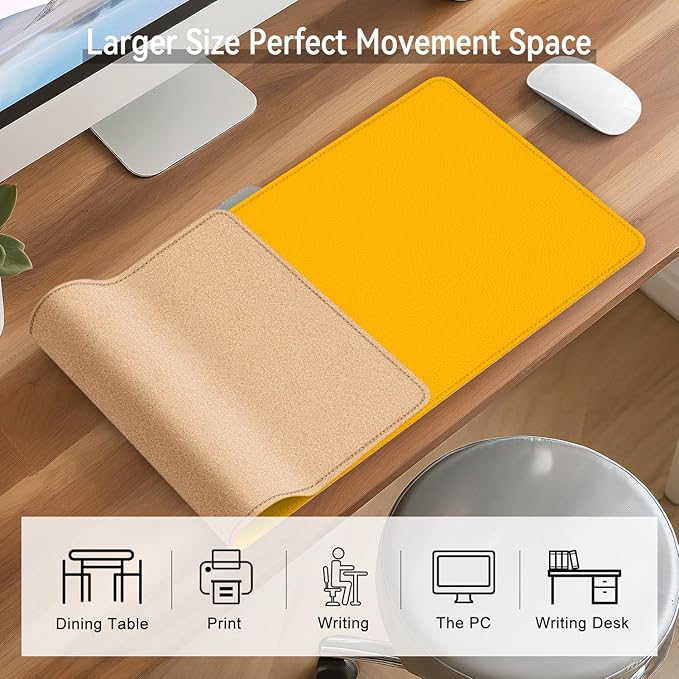Leather Mouse Pad with Stitched Edge, Waterproof Gaming Mouse Mat for Computers, Laptop, Office & Home (Yellow, 25"*13")