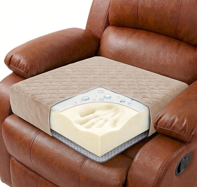 Medium-Soft 20x20x5 Memory Foam Recliner Chair Seat Cushion for Long Sitting - Armchair Pad with Washable Velvety Cover with Waterproof Layer & Non-Slip Base for Seniors & Elderly - Beige