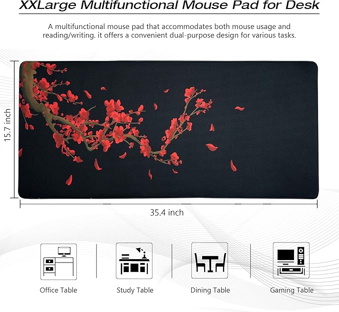GMKWTL Large Gaming Mouse Pad for Desk, Black Plum Blossoms XXL Mouse Pad, 35.4x15.7 Inch, Waterproof, Non-Slip Rubber Base