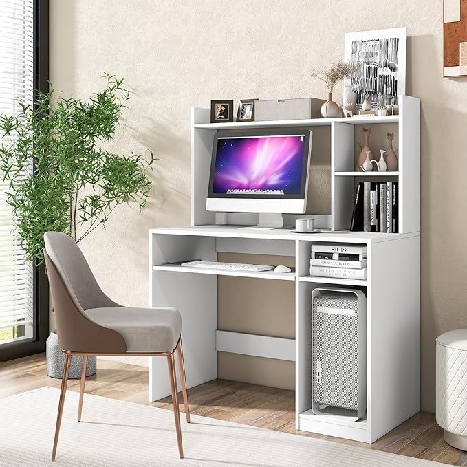 Tangkula White Desk with Hutch &Charging Station, Home Office Desk with Keyboard Tray & CPU Stand, Modern Laptop PC Desk, Space-Saving Writing Study Desk with Bookshelf, Ideal for Dorm Bedroom