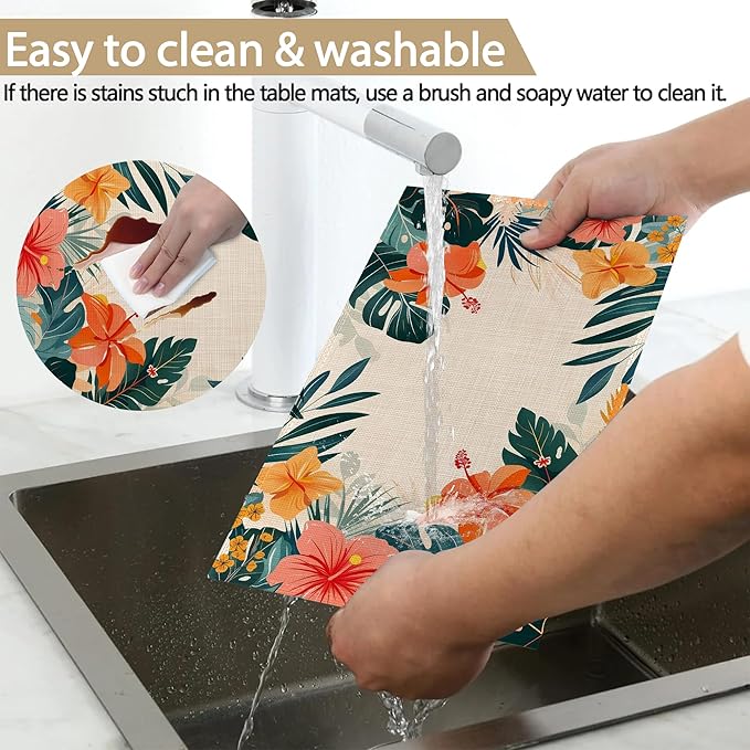 Placemats Set of 6, Tropical Floral Orange Flowers Linen Placemats 12x18 Inch, Heat Resistant Table Mats, Washable Non Slip Place Mats for Dining Table Kitchen Home