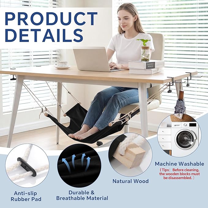 BALAPET Large Foot Hammock Under Desk Footrest, Adjustable Office Foot Rest Sling with Hooks Portable Leg Rest for Desk for Study and Relaxing,Machine Washable