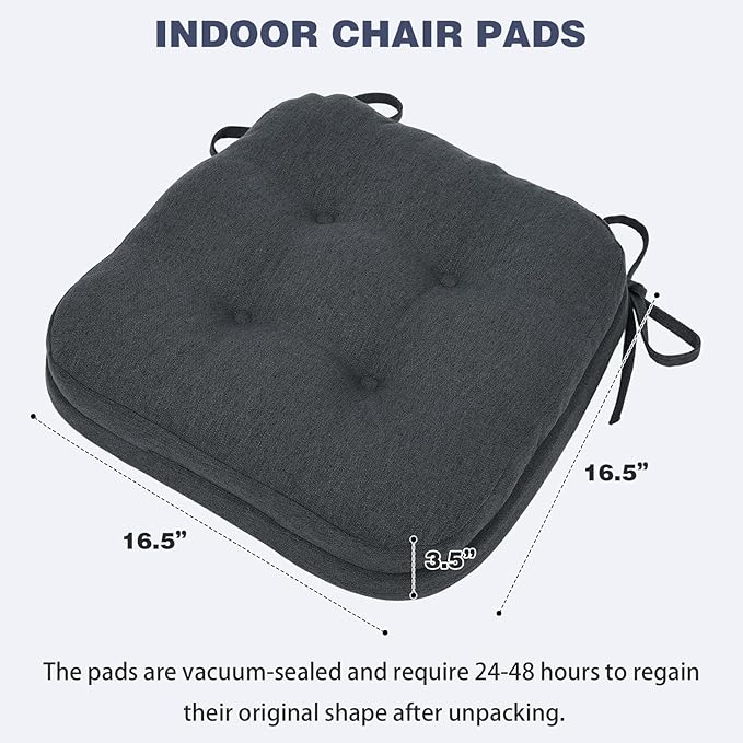 baibu Set of 4 Dining Chair Cushions, Dual-Layer Patent Design Memory Foam Kitchen Chair Cushions, Non-Slip Seat Pads with Ties, 16.5 x 16.5 x 3.5in, 4 Pack, Dark Grey