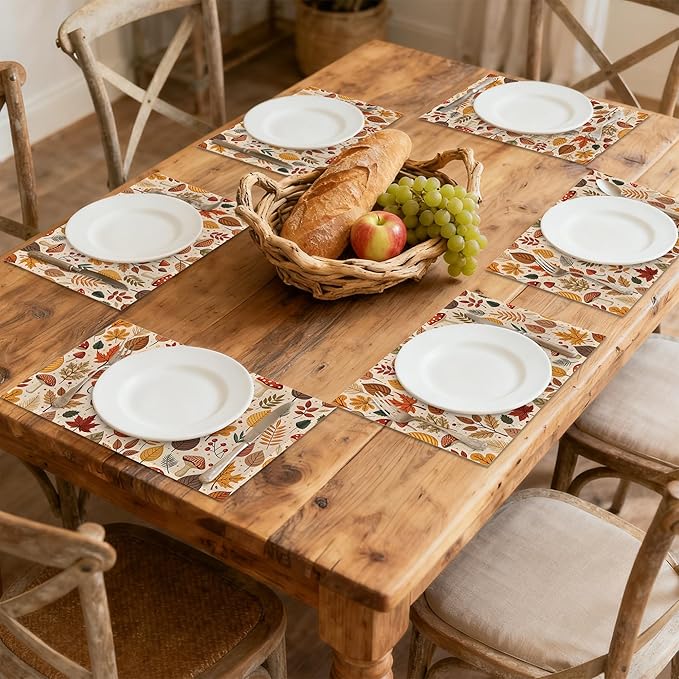 Halloween Autumn Tropical Leaves Linen Placemats Set of 6, Decorative Table Mats 12x18 Inch, Washable Heat Resistant Placemats for Dining Table Kitchen Home Decor