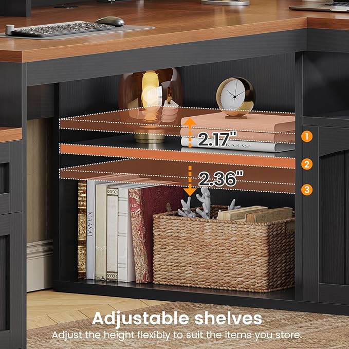 SEDETA 59" L Shaped Desk with Drawers, Farmhouse Corner Computer Desk, Wood Office Desk with File Drawers with Storage, Home Office Desks with Monitor Stand and Storage Cabinet, Brown and Black