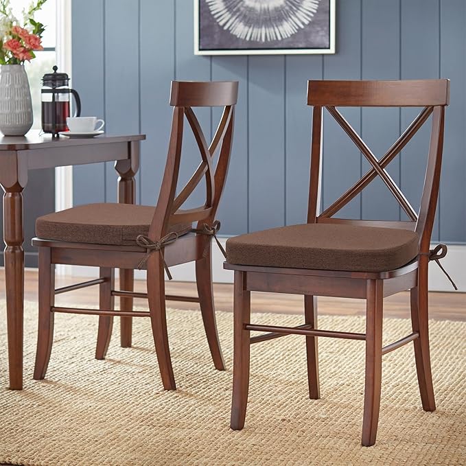 Shinnwa Dining Chair Cushion, Non-Slip Kitchen Chair Cushion with Detachable Straps and Machine Washable Cover, 17x16x2in, Brown