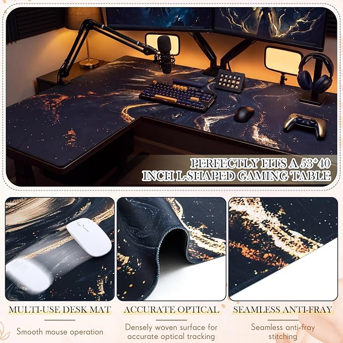 Relaxweex L Shaped Desk Mat for 90° Corner Desks, 53.1" x 39.4" Large Black Waterproof Mouse Pad with 18.9" Wide Arms, Non-Slip Rubber Desk Protector for Office, Computer and Gaming