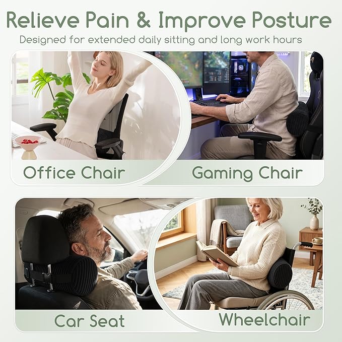 HIGOGOGO Lumbar Roll Lumbar Support Pillow for Office Chairs, Cars, and Gaming Chairs, Back Cushion with Washable Cover & Adjustable Strap to Relieve Back Pain and Improve Posture, 11"x6"x5", Black