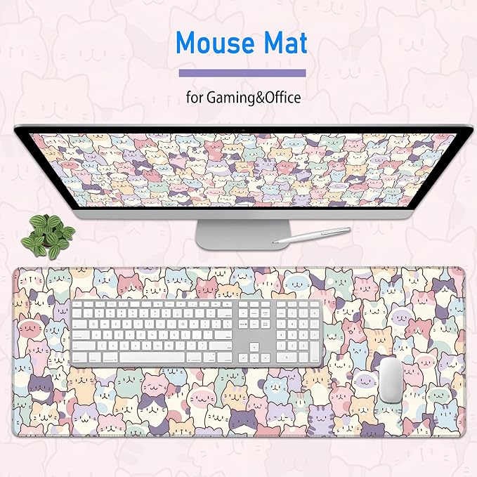 Cute Cat Mouse Pad,Large Cat Gaming Mousepad for Desk Decor,Big Kawaii Cartoon Cream Cat Keyboard Non-Slip Mousemat with Stitched Edges for Home Office Work,31.5 x 12in