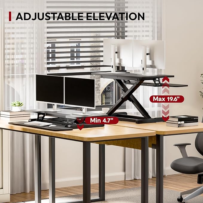 SANODESK 36" Standing Desk Converter, Adjustable Sit Stand Desk Riser with Effortless Lifting for Home Office, Standing Desk Topper for Dual Monitors, Computer Lift with Keyboard Tray, Black