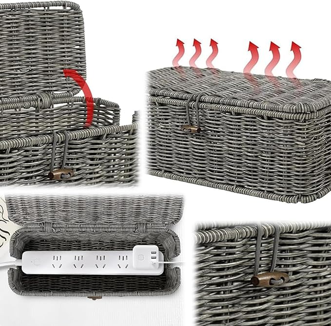 Handwoven Rattan Cable Management Box, Basket to Hide Cords, Container for Tv Wire, Computer, Router, USB Hub (Gray, L：15.7 * 6.2 * 5.9inch)