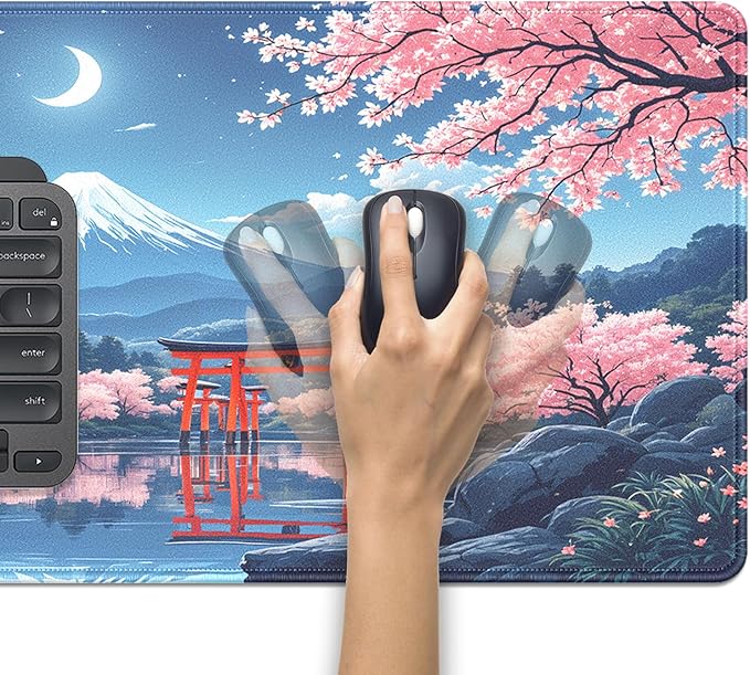 Cherry Blossom Large Mouse Pad Desk Pad, 27.5x11.8in Mount Fuji Keyboard Mouse Mat with Stitched Edges, Waterproof Non-Slip Rubber Base for Office Laptop Computer Home
