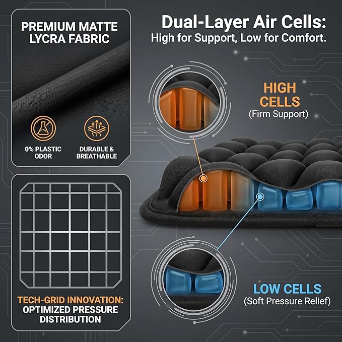 Inflatable Seat Cushion, Coccyx Cushion for Office Chair, Car & Wheelchair, Ergonomic Pressure Relief for Tailbone & Sciatica, Adjustable Firmness, Non-Slip Seat Pad for Long Sitting 16.6" × 15.8"