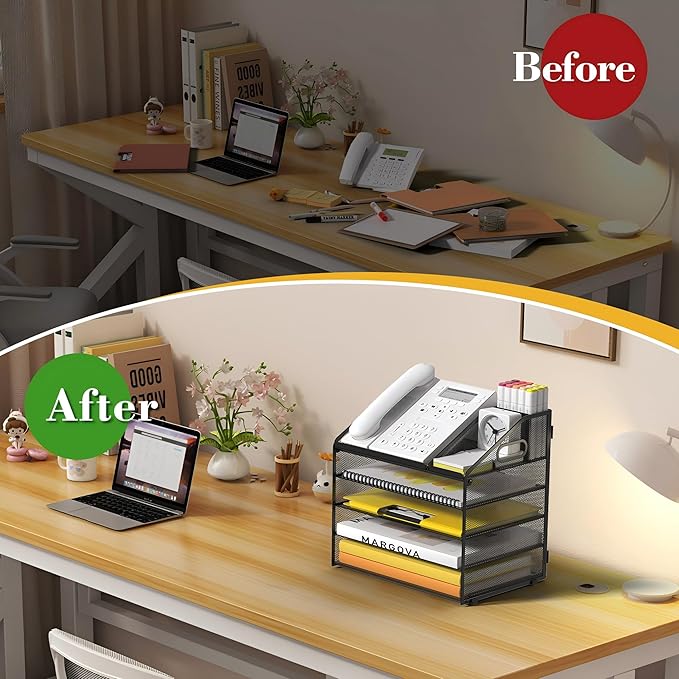 Letter Tray Paper, 5 Tier Desk Organizer with Pen Holder and Handle, Mesh File Organizer Paper Sorter Metal Desktop Document Shelf for Office Home Classroom - Black