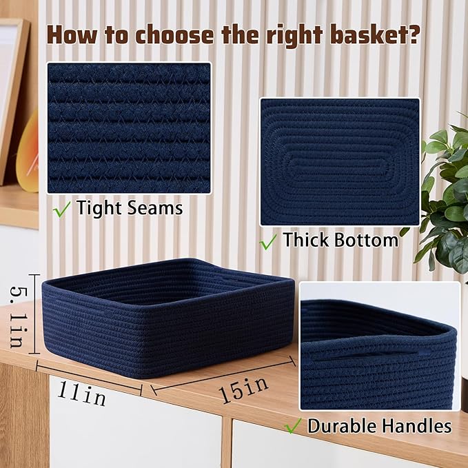 MiniArk Large Shallow Organizing Baskets 15x11x5.1 Inches - Rope Woven Storage Bins for Bathroom, Shelves, Cube Closet, Navy Blue 4 Packs