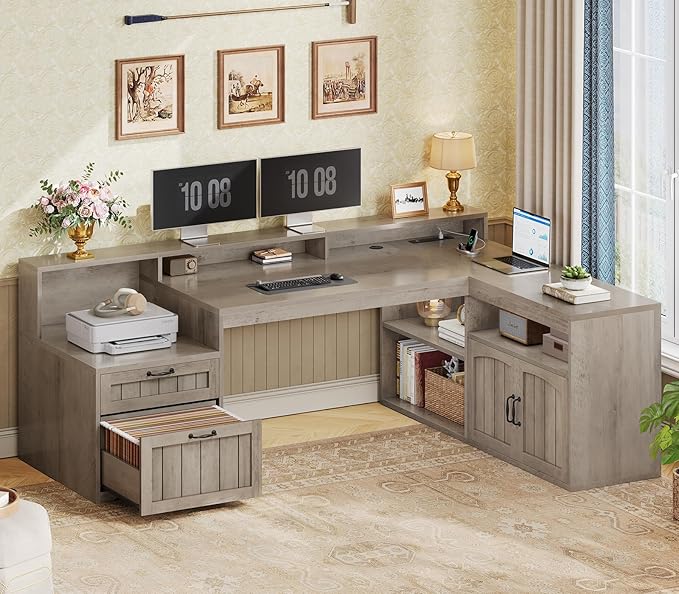SEDETA Farmhouse L Shaped Desk with Drawers, 59" Office Desk with File Drawers, Wood Corner Computer Desk with Storage, Home Office Desks with Storage Cabinet and Monitor Stand, Grey