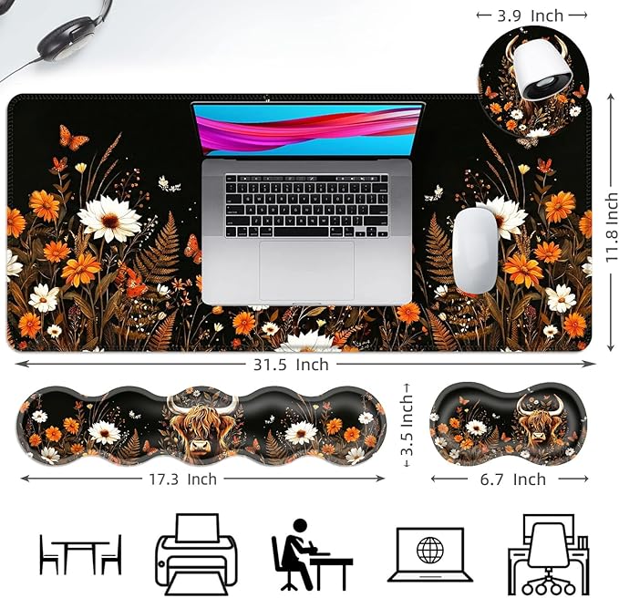 Ergonomic Mouse Pad Set with Wrist Support for Keyboard and Wrist Rest for Mouse, Memory Foam Comfort, Non-Slip Large Desk Mat for Home Office Pain Relief,Cow Daisy Butterfly