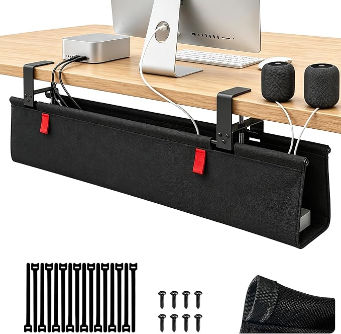 Under Desk Cable Management No Drill – 28" L x 6" W Cord Organizer, Upgraded Silicone Pads (No Scratch), 16 Cable Slots, Washable PE Honeycomb Base, Fits Desks 0–2.1" Thick, Black