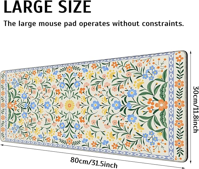 Large Gaming Mouse Pad Green Floral Desk Mat,Non-Slip Rubber Base Stitched Edges,Extended Mousepad for PC,Laptop,Office,Home Decor(31.5 x 11.8 Inch)