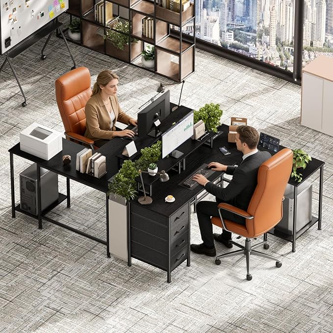 Korfile 59 inch L Shaped Computer Desk with Power Outlets, Home Office Desk with 4 Adjustable Storage Drawers & 2 Monitor Stands, Two Person Gaming Table for Bedroom, Black