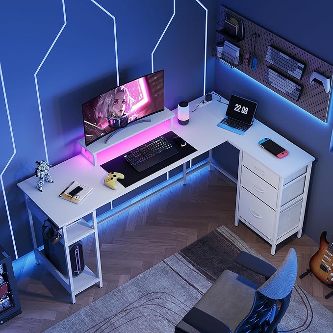 DEVAISE 66 Inch L Shaped Gaming Desk with Drawers and Storage, Corner Desk with LED Lights, Power Outlets, Computer Desk with Monitor Stand, Office Desk for Home, White