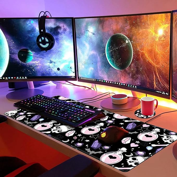 Mouse Pad Large with Coaster, 35.4"x15.7" Skull Goth Magic Cute Witchy Theme Design Full Desk Mousepad Stitched Edges Desk Pad Extended Large Gaming XXL Mouse Pad for Desk Office Home