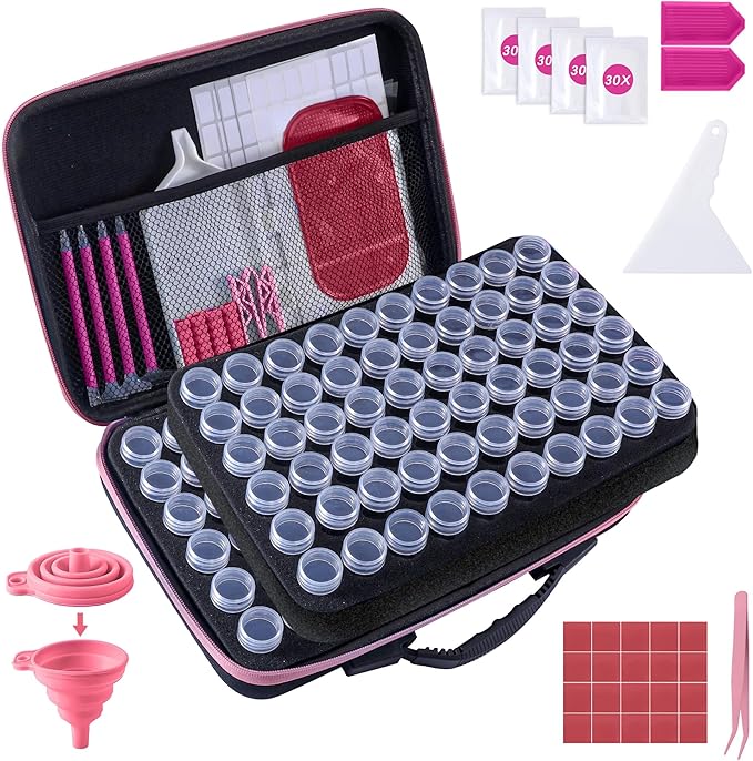 LYMUSUMI Diamond Art Storage Containers 120 Slots Diamond Painting Accessories and Tools Portable Bead Organizer Boxes for Adults（Pink）