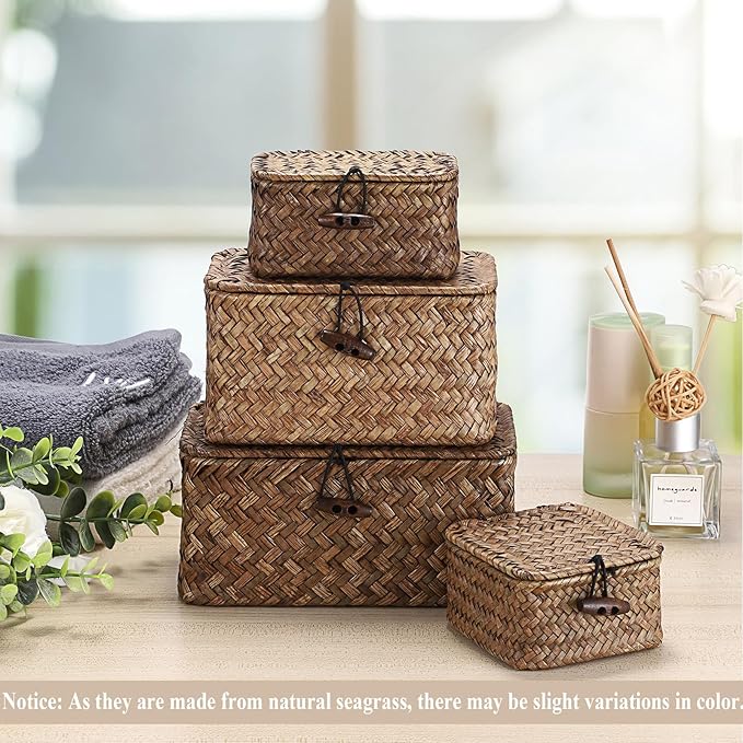 Hipiwe Mini Seagrass Basket Wicker Shelf Baskets with Lid Small Decorative Box Natural Storage Basket for Organizing Key Candy, Home Decor, 3.5"L x 3.5"W x 2"H