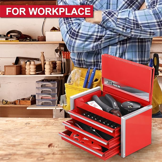 P.I.T. Mini Tool Box 8.6"W X 4.6"D, Portable 3 Drawer Steel Stackable Red Tool Box with Magnetic Tab Locking, Red Micro Top Chest with Liner for Tools Storage and Organizers, Home DIY