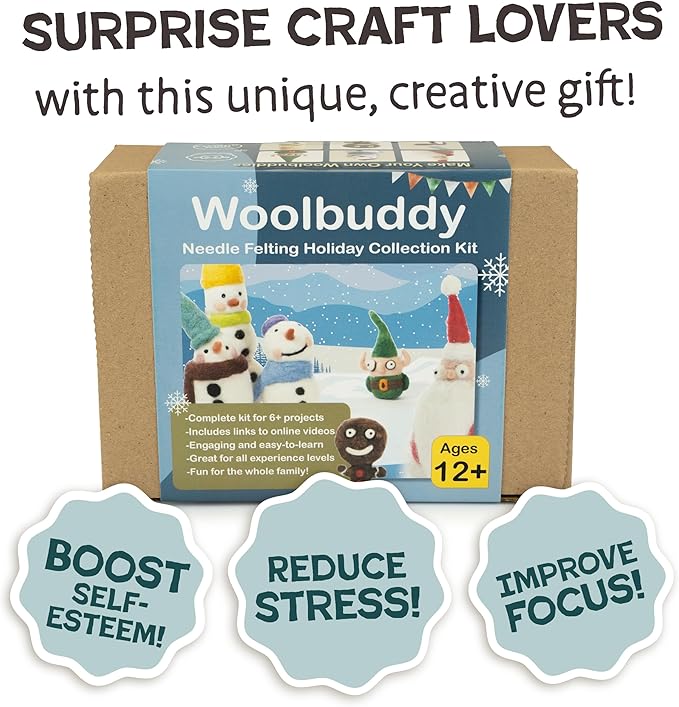 Woolbuddy Needle Felting Kit for Beginners & Adults – Christmas Holiday DIY Felting Kit with Wool Roving, Felting Needles, Pad & Instructions – Felting Kits for Adults Christmas Crafts & Gifts