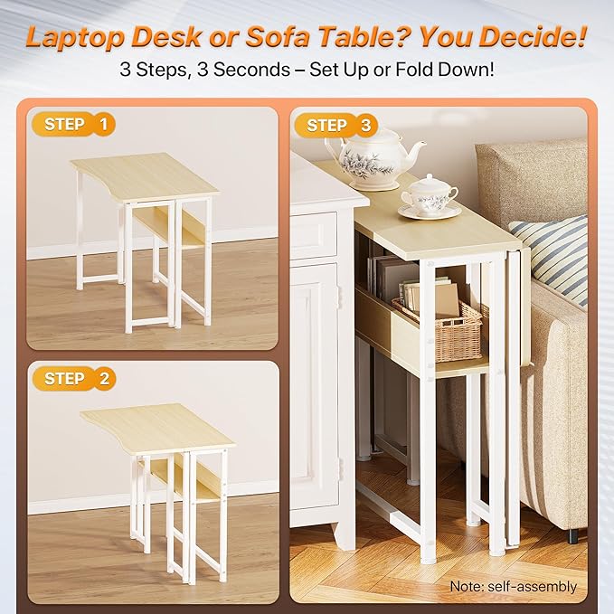 Huuger Folding Desk with Storage Shelf, 31.5 Inch Foldable Computer Table for Small Spaces, Space Saving Sofa Table for Couch, Writing Work Office Computer Desk, Easy to Fold, Oak