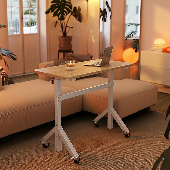 HUANUO 32'' Small Standing Desk Adjustable Heigh, Mobile Stand Up Desk with Wheels, Portable Rolling Desks for Walking Pad and Treadmill, Computer Laptop Desks for Home Office Space,Light Walnut