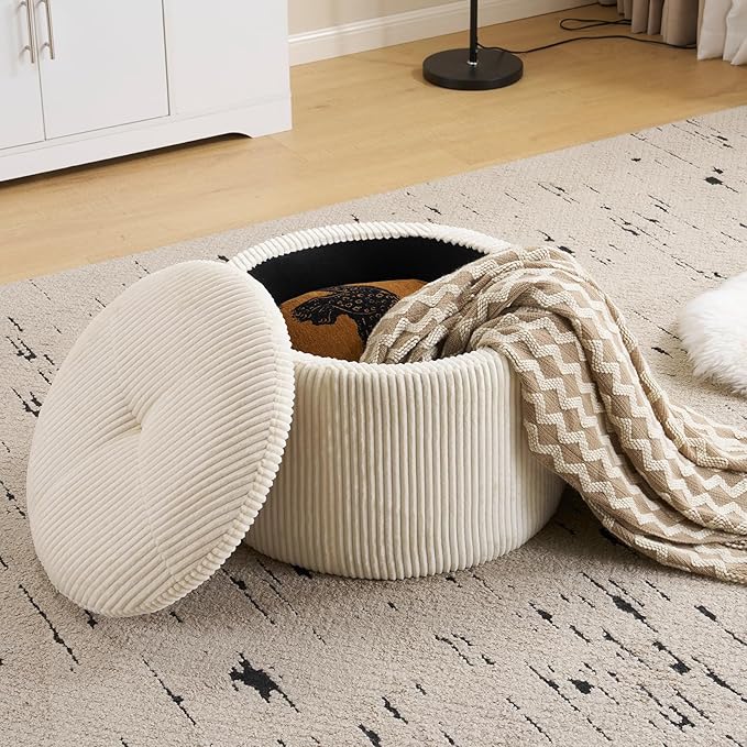 Modern Round Storage Ottoman with Reversible Tray Lid,Chenille Ottoman Foot Stools, Ottoman Footstool with Hidden Storage, Storage Ottoman, Multi-Functional Footrest, Corduroy Beige