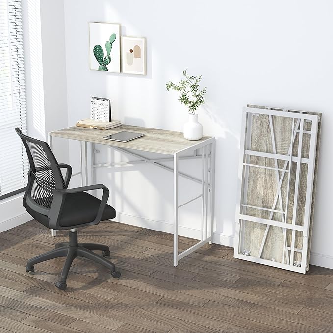 Lutown-Teen Folding Desk 40 inch Writing Gaming Computer Camping Table, No Assembly Required Home Office Desk, Beige