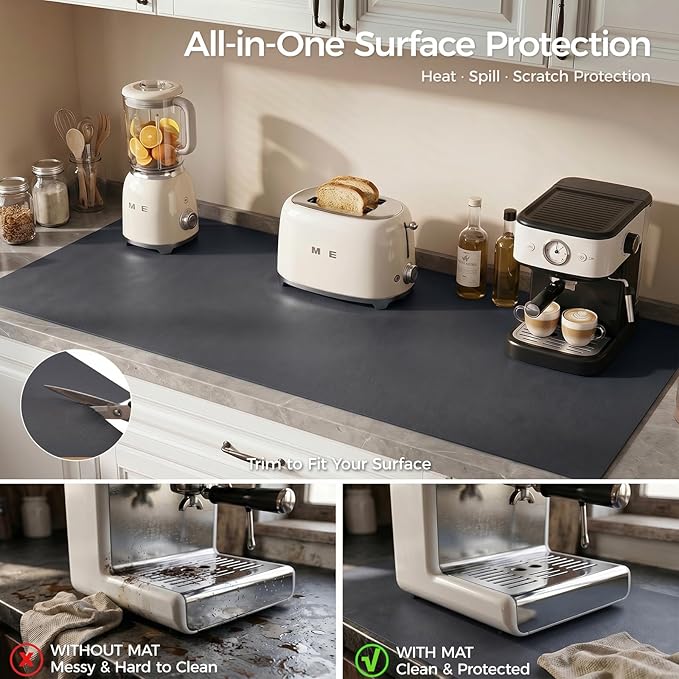 1.6mm Thick Leather 12x48 Inch Non-Slip Mat, Waterproof Countertop Protector, Kitchen Appliance Runner/Narrow Console Topper, Obsidian Black