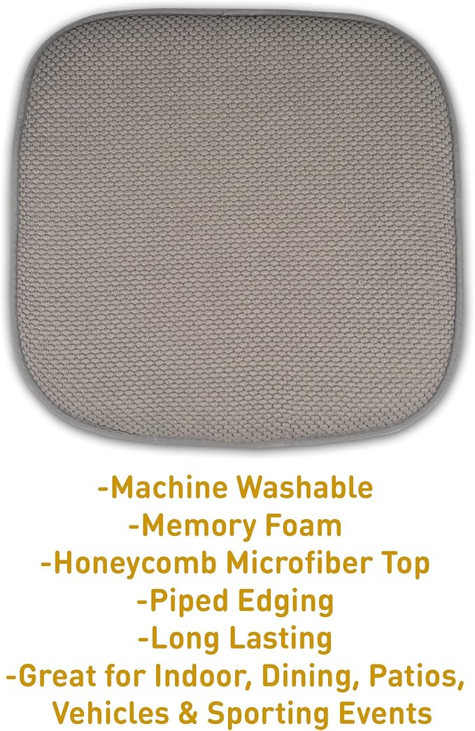Sweet Home Collection Memory Foam Chair Cushion Honeycomb Pattern Solid Color Slip Non Skid Rubber Back Ultimate Comfort and Softness Rounded Square 16" x 16" Seat Cover, 2 Pack, Silver