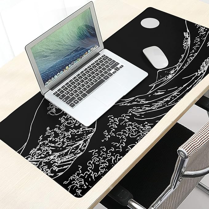 Black and White Japanese Sea Wave Mouse Pad,Extended Large Gaming Mouse Pads 31.5x11.8 in,Japanese Kanagawa Desk Mat,Laptop Mousepad Non-Slip Rubber MousePads for Office Home Travel
