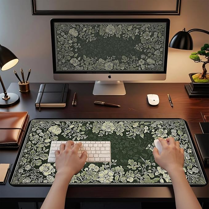 Deep Green Floral Mouse Pad XXL, Vintage Plant Desk Pad, Large Gaming Desktop Anti Slip Mats, Laptop Mat Mousepads with Stitched Edges, Suitable for Office Gaming Home Desktop Decor 31.5"X15.7"