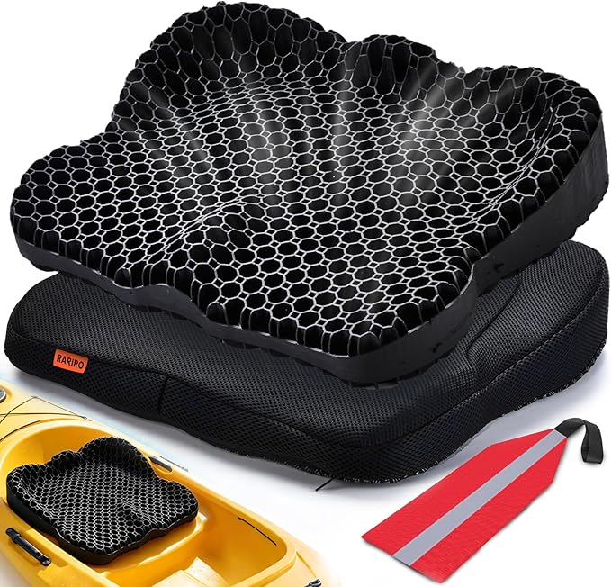 Premium Gel Kayak Seat Cushion, Thickened Non-Slip Waterproof Seat Pad, Breathable Universal Fit for Canoe Fishing Boat, Portable Washable Kayak Accessories, with Safety Travel Flag - Blue
