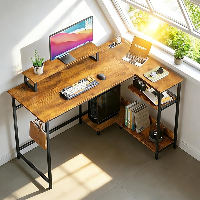 DEVAISE Compact 43" L Shaped Gaming Desk with LED Lights and Power Outlets - Corner Computer Table with Monitor Stand and Storage Shelves for Work and Gaming, Rustic Brown