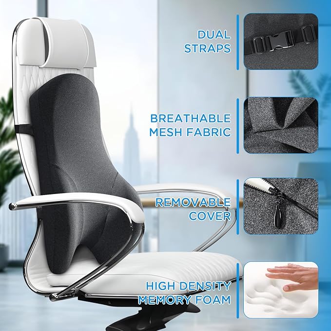 High Back Support Pillow for Office Chair Lumbar Support Pillow, Office Home Essentials- Memory Foam Fully Support Back Cushion for Desk, Gaming Chair, Promotes Posture Pain Relief Adjustable Straps