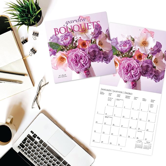 Graphique 2024 Garden Bouquets Mini Wall Calendar | 7” x 7” | Thick Paper | Home & Office Organizer | Large Monthly Grid | 3 Languages & Marked Holidays | 4 Month Preview Page for 2025