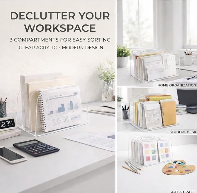 3-Section Vertical file organizer for desk acrylic German-Standard Cast PMMA Heat-Bent Design—Clear & Stable for Long-Term Use Home Office Classroom Family Files Mail