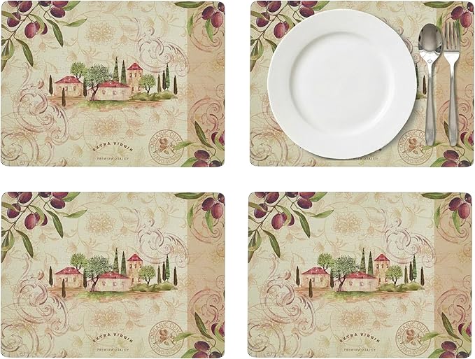 Pimpernel Olive Orchard Placemats, Set of 4 - Decorative Table Placemats with Rustic Village & Olive Branch Design, Heat & Stain Resistant, Cork Backed, Perfect for Kitchen, Dining & Entertaining