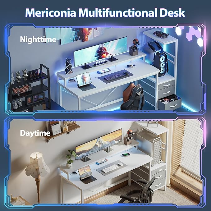 Mericonia 68 inch Gaming Desk with LED Lights & Power Outlets, Reversible Computer Desk with Storage Drawers & Monitor Stand, Large Gaming Table for Home Office