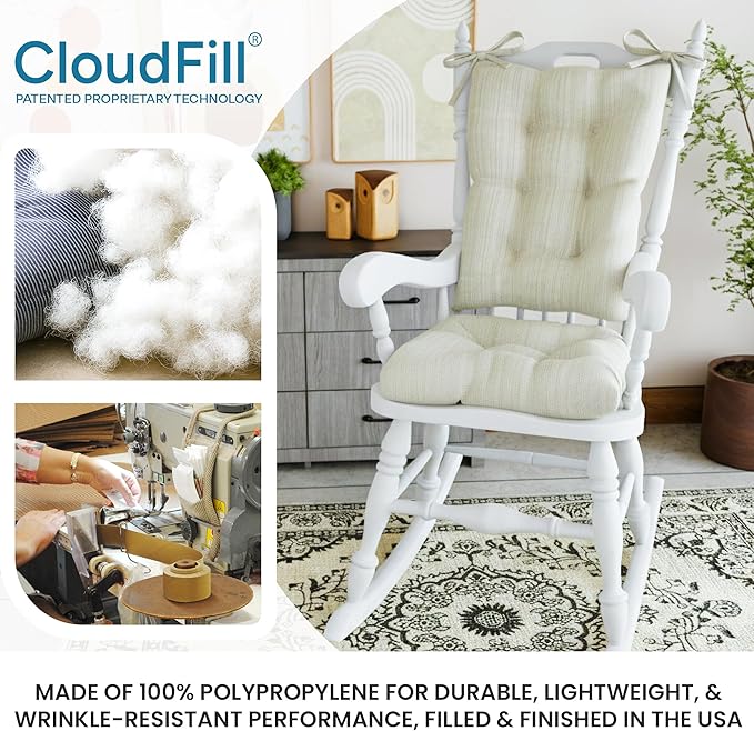 Klear Vu The Gripper Non-Slip Rocking Chair Cushion Set with Thick Padding, Includes Seat Pad & Back Pillow with Ties for Indoor Living Room Rocker, 17x17 Inches, 2 Piece Set, Ivory