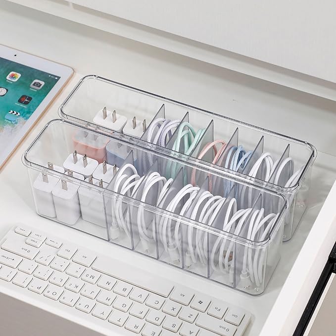 2 Pack Cord Organizer Box for Desk Drawer, Clear Phone Charger Cable Storage Container with Lid