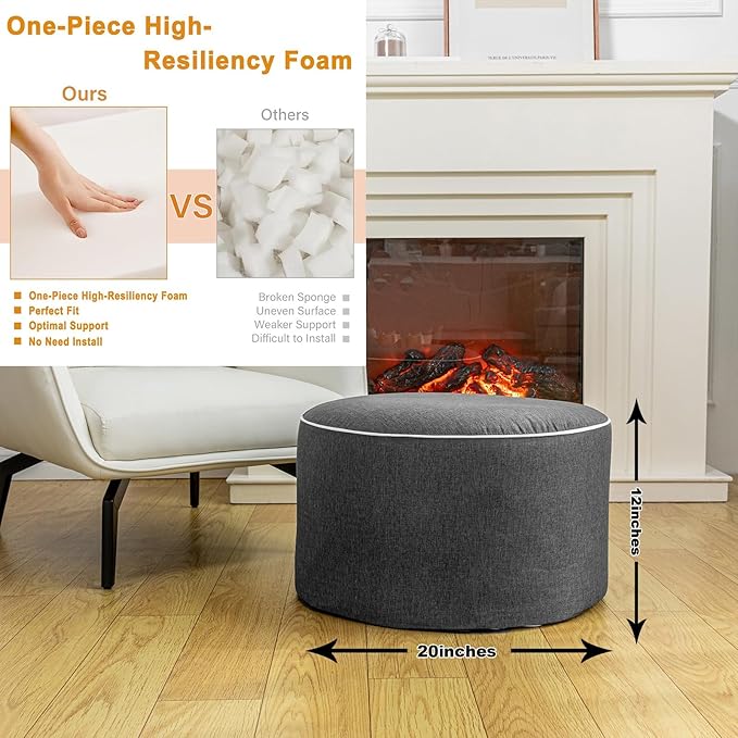 Outdoor Ottoman Outdoor Ottomans for Patio 20x12 Inches Modern Lightweight Foam Stuffed Pouf Outdoor Footstool Footrest Foot Stool Waterproof (Dark Gray)